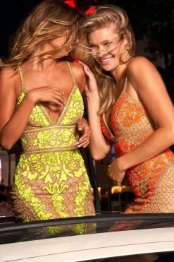 Sherri Hill - 54237 Embroidered Deep V Neck Sheath Dress With Train