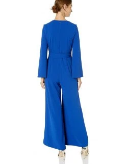 Long Dresses Taylor - 1140MJ V Neck Split Flared Long Sleeved Solid Jersey Jumpsuit